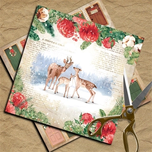 Detail of vintage Christmas scrapbooking paper with reindeer and a metal scissor