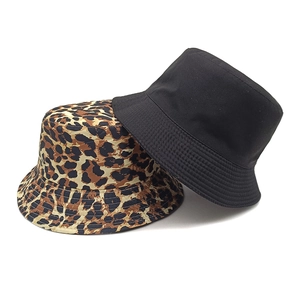 Double-sided reversible leopard print and solid black cotton canvas bucket hat set