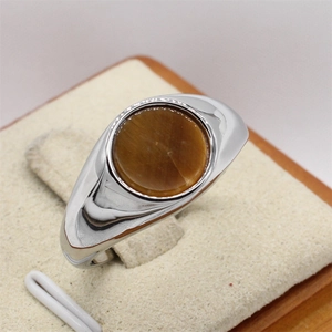 Minimalist silver ring with round brown tiger eye gemstone and wide band for men