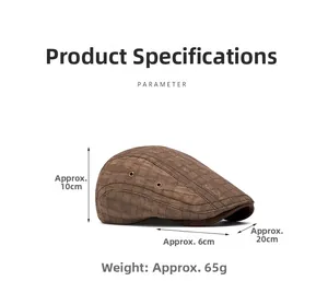Detail view of brown plaid flat cap showing specific dimensions and material texture