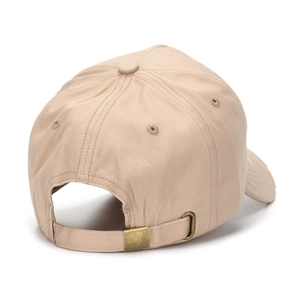 Detail view of beige cotton baseball cap back with adjustable strap and metal buckle
