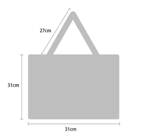 Size diagram of rainbow knit tote bag showing 31cm width and 27cm handle height