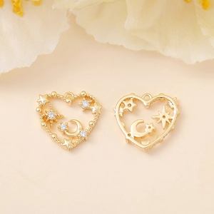 Golden heart pendants with star and moon patterns and inlaid cubic zirconia for DIY jewelry