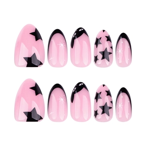 Pink and black french press-on nails with star patterns and almond shape 10pcs set