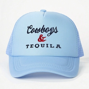 Light blue trucker hat with Cowboys & TEQUILA embroidery and breathable mesh back