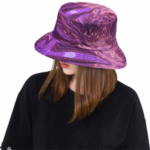 Close-up of purple marble print bucket hat made of breathable fabric with fluid pattern