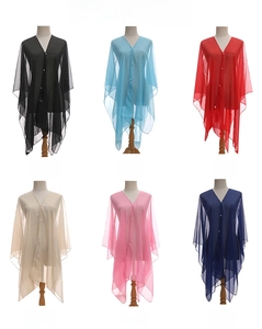 Color display of lightweight sheer sun protection shawls in six different vibrant colors