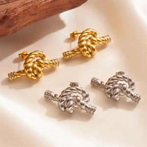 Stainless Steel Twisted Rope Knot Stud Earrings With Rhinestone Accents Chic Elegant Jewelry For Women Non Tarnish