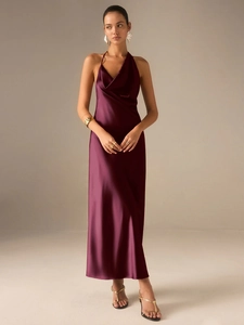 Elegant burgundy satin halter maxi dress with backless design and draping neckline