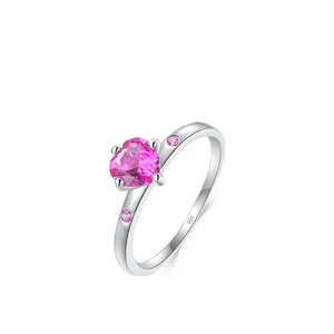 Elegant S925 silver ring featuring a pink heart-shaped zircon in a 45-degree angle view