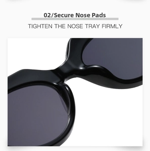 Detail shot of solid integrated nose pads on black cat-eye sunglasses for comfortable wear