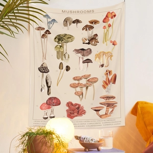 Macro detail of a vintage mushroom tapestry with botanical illustrations and names