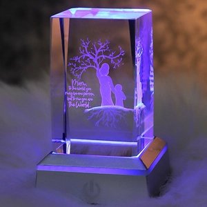 3D laser crystal night light with mother and child tree engraving on a light base
