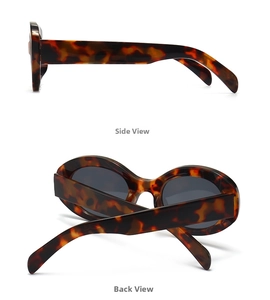 Side and back view of oval tortoiseshell retro sunglasses with dark gray UV lenses