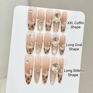 Handmade Press On Nails Leopard Print Rhinestone Cat Eye Long Coffin Glossy Artificial False Finger Nails For Women