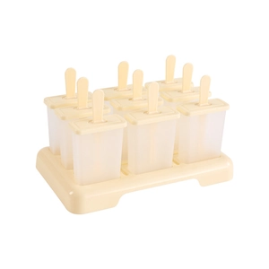 Reusable 8-cell popsicle mold with beige base and frosted clear lids for homemade ice cream