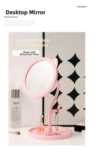 Pink cat-eared desktop makeup mirror with jewelry storage hooks and round tray base