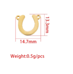 Polished gold horseshoe connector for DIY jewelry showing 13.3mm height and 14.7mm width