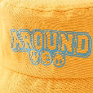 Yellow kids fisherman bucket hat featuring blue Around text and smiley faces