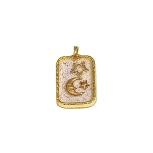 Minimalist gold moon and star rectangular pendant with purple glitter background