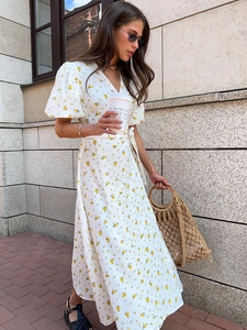 Robe Portefeuille Fleurie Coton Col En V Manches Bouffantes Taille Nouée Longueur Midi Style Français Étέ Femmes