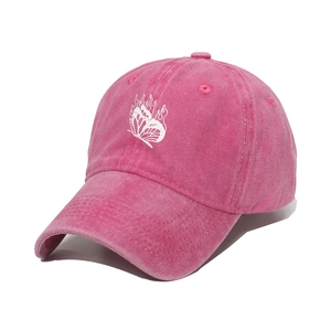 Washed rose red cotton baseball cap with white butterfly flame embroidery