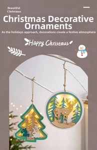 Luminous wooden Christmas ornaments with reindeer and snowman motifs and warm LED lights