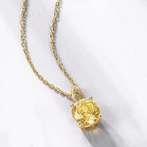S925 silver necklace with a large round yellow gemstone pendant on gold chain