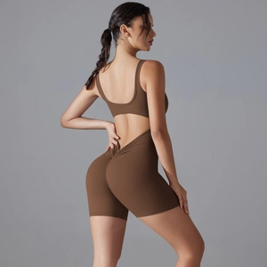 Combinaison de yoga marron dos nu avec effet galbant fessier et tissu élastique doux