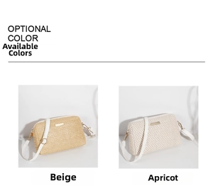 Detail of woven straw crossbody bags in beige and apricot with gold metal hooks