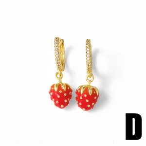 Detail of red enamel strawberry pendant earrings with gold-plated zircon settings