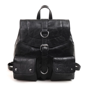 Vintage black faux leather backpack with pleated texture and silver metal buckles