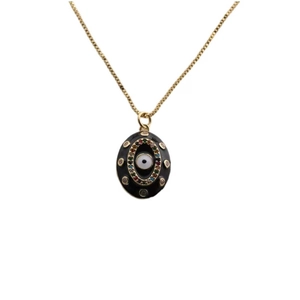 Gold-plated Evil Eye necklace with colorful zircon accents on a white background