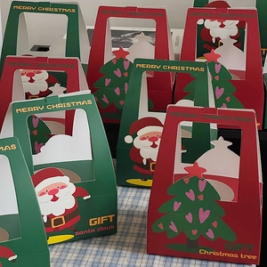 Macro detail of Christmas gift box with Santa Claus patterns and clear window