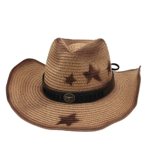 Western Cowboy Straw Hat For Men Women Wide Brim Sun Protection Star Pattern Faux Leather Band Metal Bull Head Badge