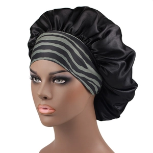 Detail of black satin hair bonnet with green and gray zebra print elastic wide band