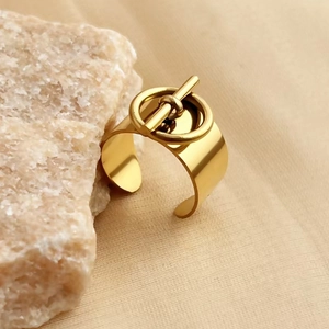 Detail of a gold plated stainless steel open ring with a T-bar clasp on a stone base