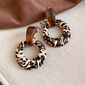 Detailed view of leopard print texture and amber resin on geometric round earrings