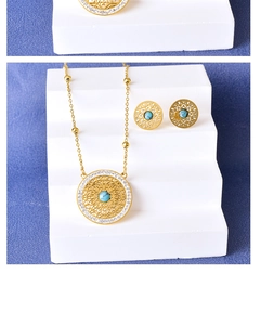 Detail shot of vintage hollow turquoise necklace and earrings on white display stand