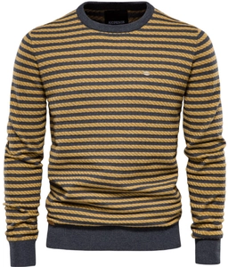 Detail of ginger and dark gray striped knit fabric and metallic brand buckle on sweater