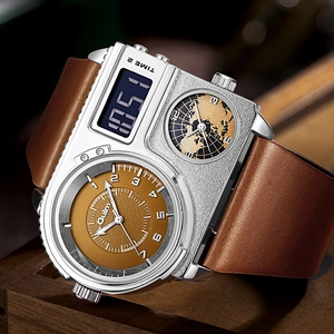 Oulm oversized men's sports watch with brown leather strap and dual display dial