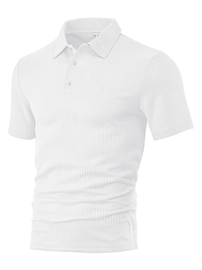 Detail shot of white men's polo shirt featuring a breathable waffle knit texture