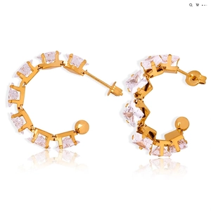 C Shaped Hoop Earrings Stainless Steel With 18K Gold Plated Square Cubic Zirconia Inlay Sparkling Luxury Jewelry For Women