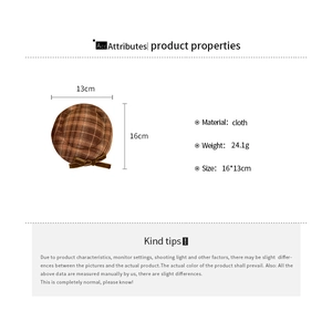 Detailed view of mini brown plaid beret hair clip with velvet bow and size measurements