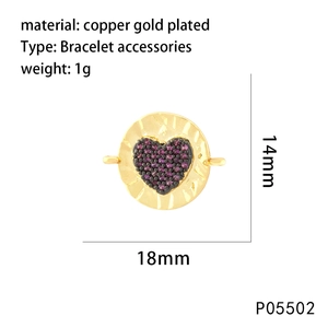 Detail of 18K gold plated copper heart charm with purple stones, size 18mm by 14mm