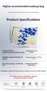 Dettaglio dimensioni 17x25cm della borsa cosmetica in lino con fiori blu