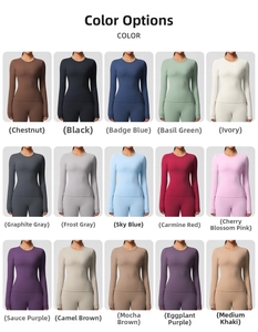 Collage of fifteen color options for the long-sleeve slim fit yoga and fitness set