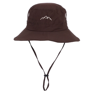 Brown quick-dry sun hat with mountain embroidery and adjustable windproof strap
