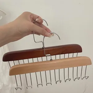 Solid wood multi-hook hanger set in walnut and natural finish for ties and belts