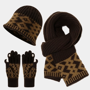 Detail of winter knit set featuring brown geometric patterns on thick scarf and gloves